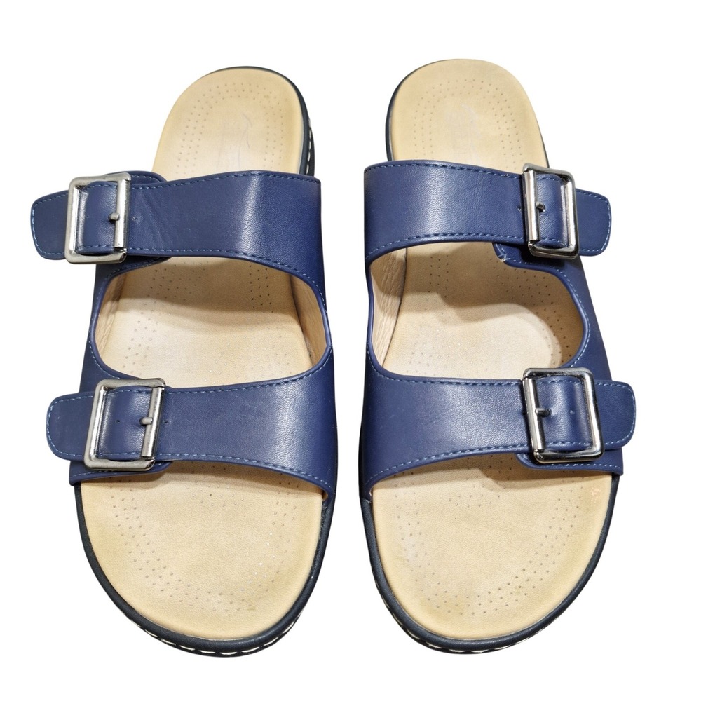 Shibever Womens 11-11.5 Navy Blue Tan Leather Slide Sandals VT2820 Buckle Straps